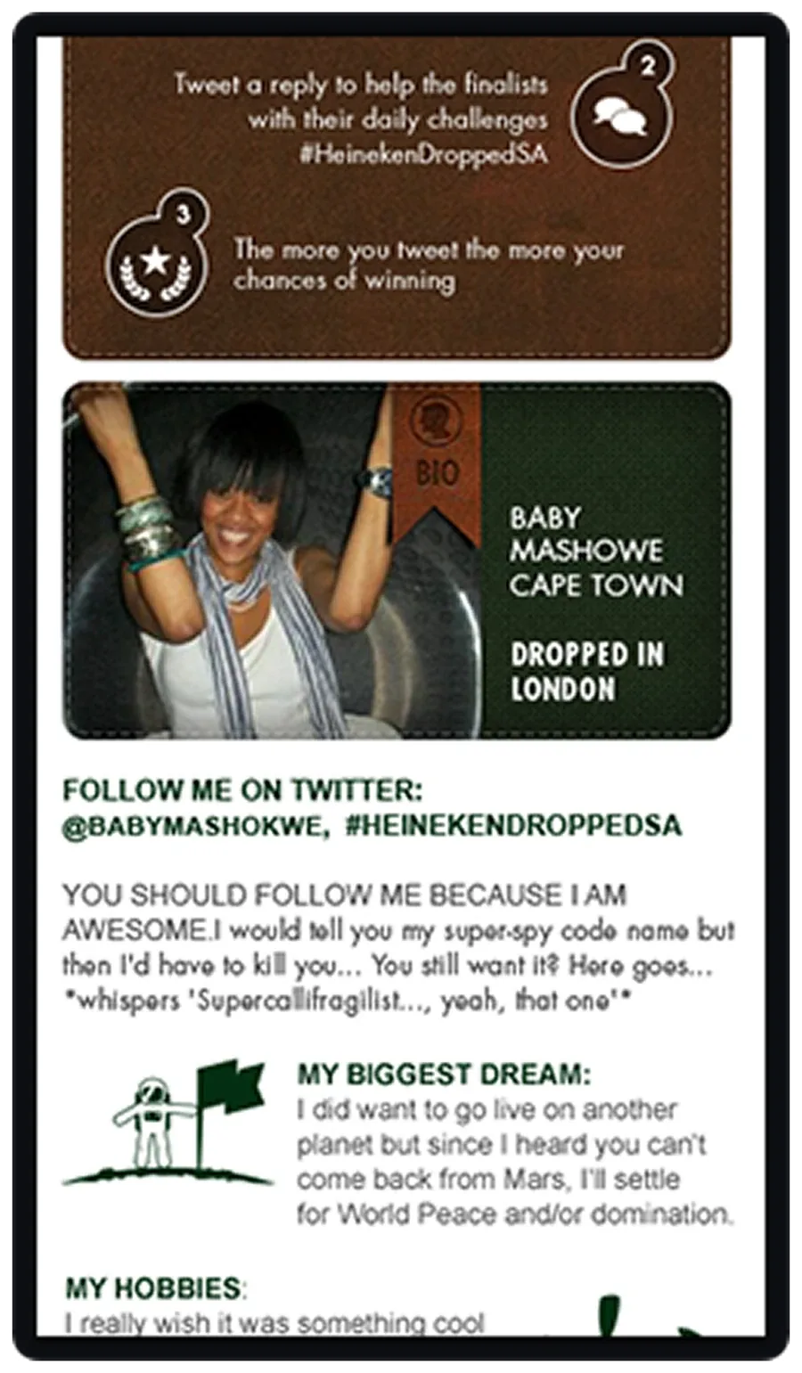 Heineken Dropped South Africa — mobile contestant profile and Twitter challenge